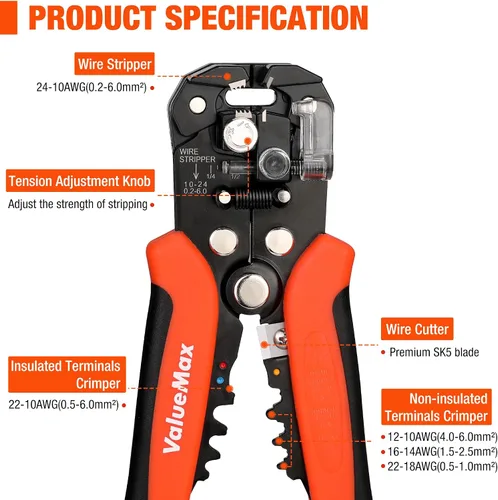 Vista 2 de ValueMax Juego de herramientas para pelacables de 266 piezas, herramienta automática autoajustable de 8 pulgadas para AWG 10-24, pelacables
