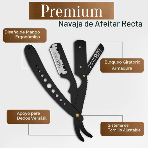 Vista 6 de Facón Navajas rectas para hombres - Kit de navaja de barbero profesional de borde recto con 100 cuchillas, afeitadora clásica de acero inoxidable El