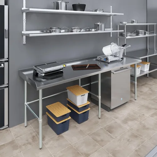 Vista 8 de AmGood Mesa de trabajo comercial con base abierta con salpicaduras y salpicaduras laterales, mesa de preparación de acero inoxidable para cocina