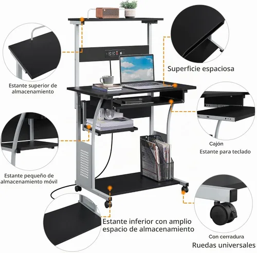 Vista 6 de Yaheetech - Escritorio pequeño con ruedas para computadora de 3 niveles, toma de corriente, color negro Engineered wood tiers and metal frame suit
