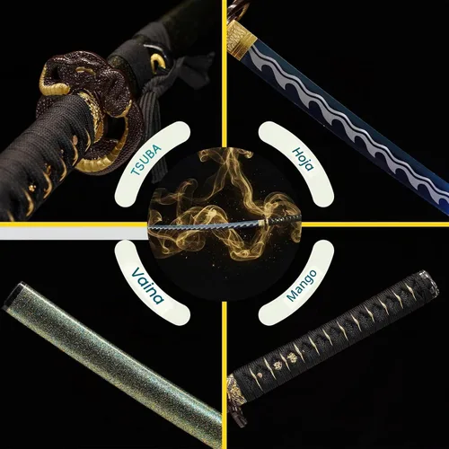 Vista 3 de Espada Katana samurái japonesa real hecha a mano 1045/1060/1095/T10 de acero al carbono templado con calor/arcilla, Dragon Tsuba, espiga completa