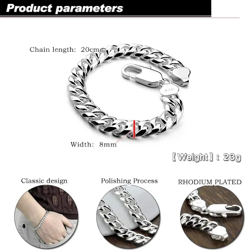 Vista 2 de Dankadi - Pulsera de plata para hombre, cadena cubana de 0.315in y 7.9in, para hombre
