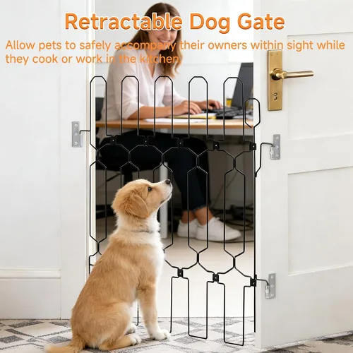 Vista 2 de Barrera retráctil para puerta para mascotas, puerta de perro de 30.7 x 30.7 pulgadas con puerta sin taladrar, puerta retráctil para perros