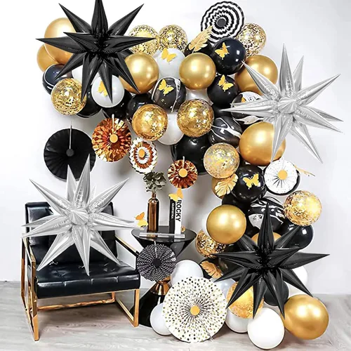 Vista 5 de ZAKVOOR 100 globos de papel de aluminio de estrella negra, forma de estrella explosiva, papel de aluminio premium, reutilizables, globos de fiesta