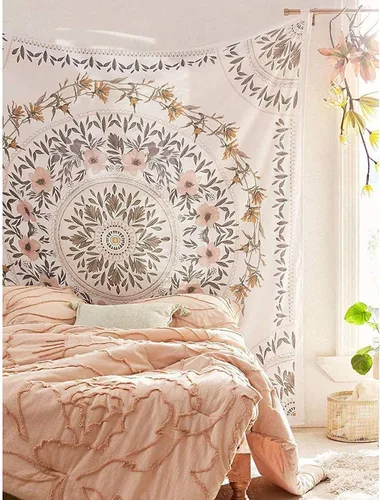 Vista 10 de Simpkeely Tapiz de medallón floral esbozado, tapiz colgante de pared con mandala bohemio, mural de impresión de arte indio para dormitorio, sala