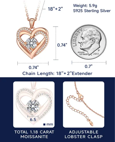 Vista 23 de MomentWish Collar de corazón para mujer, moissanita, diamante de imitación, plata de ley 925