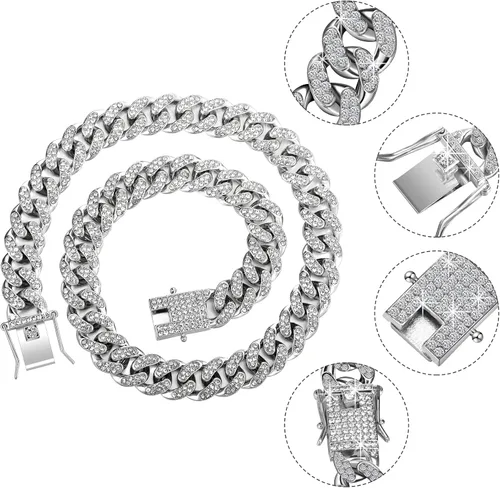 Vista 3 de Hicarer 2 piezas de cadena cubana de 0.472in, collar de cadena de eslabones fuertes y pesados, para hombres y mujeres, Aleación, diamantes