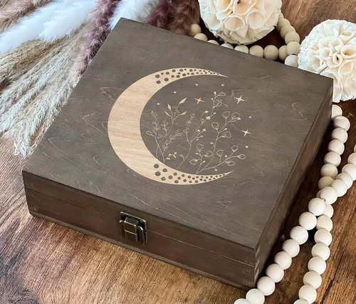 Vista 3 de Caja de luna caja de madera, caja de regalo de cristal, caja de regalo de tarot, caja de regalo de astrología misteriosa, caja de sol y luna, caja