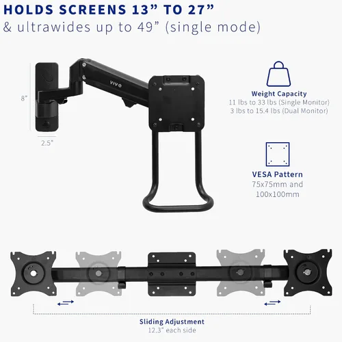 Vista 3 de VIVO Soporte de pared con brazo neumático de aluminio de alta calidad para 2 pantallas de hasta 27 pulgadas o 1 ultraancho de hasta 49 pulgadas
