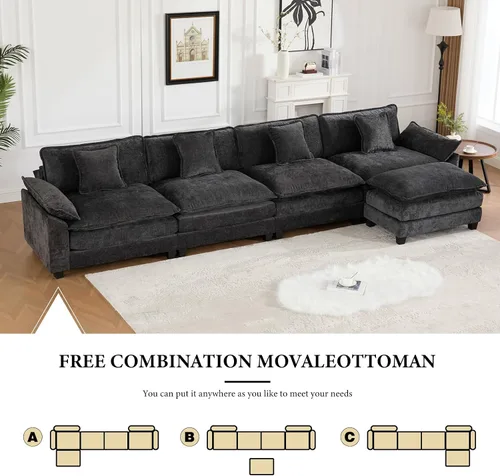 Vista 308 de Sofá seccional modular verde de 111.5", sofás seccionales grandes de 3 plazas para sala de estar, sofá nube oversized de tela chenille con otomana