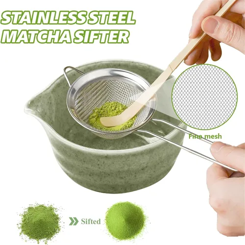 Vista 12 de Juego de batidor de matcha, cuenco de cerámica de 17 onzas con boquilla, cuchara de bambú y tamiz inoxidable, kit de 5 piezas de matcha verde jade