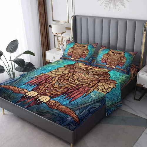 Vista 8 de Juego de sábanas de búho tamaño individual, sábanas de microfibra suave y bolsillo profundo, sábanas y fundas de almohada estampadas sin arrugas, 3