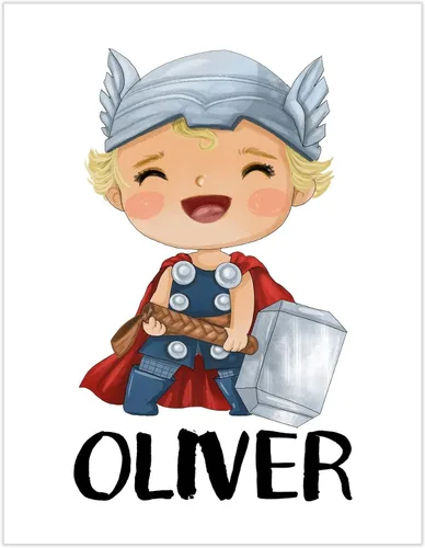 Vista 2 de Impresión personalizada de bebé Thor Boy acuarela superhéroe guardería sin marco