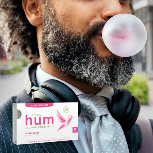 Vista 6 de Stevita Hum, Bubblegum - Goma de mascar sin azúcar - 12 piezas, paquete de 12 - Apoya la salud oral - Sin OMG, vegetariano, keto, sin gluten - 72