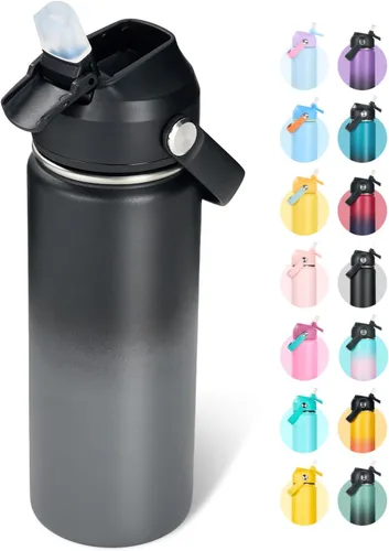 Vista 26 de Fijinhom Botella de agua aislada de acero inoxidable de 18 oz, de boca ancha, de doble pared, con vacío, con pajita de silicona, a prueba de sudor