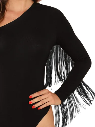 Vista 3 de VERDUSA Bodysuit de manga larga con un solo hombro y ribete de flecos para mujer