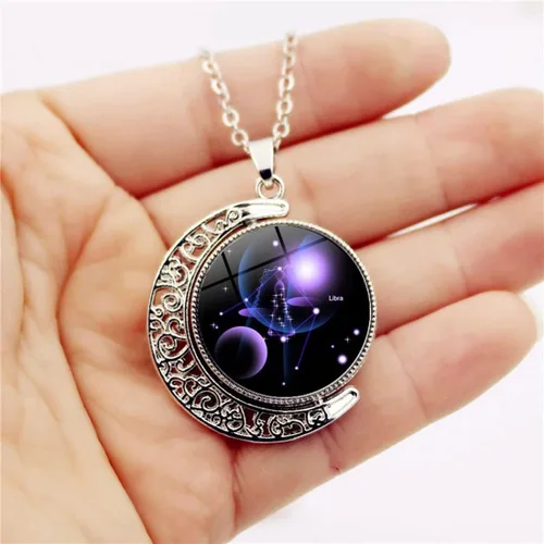 Vista 4 de DEQIYIJI Zodiac Necklace Jewelry Birthday Gifts Astrology 12 Constellation Horoscope Sign Galaxy Crescent Half Moon Pendant Necklace