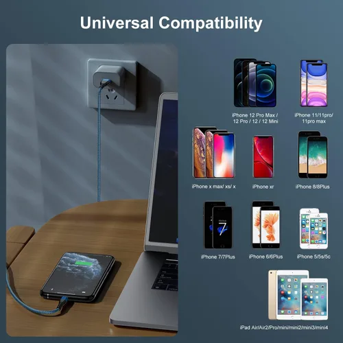 Vista 7 de Essri 3 cables de carga cortos de 1 pie para iPhone, con certificación MFi, cables Lightning fuertes de nailon trenzado, carga rápida USB para Azul