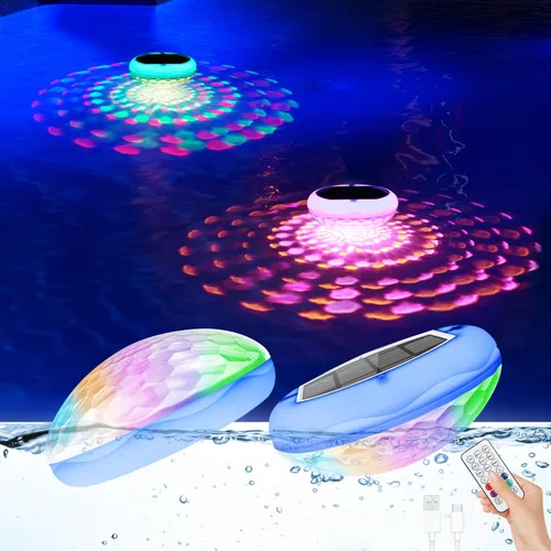 Vista 11 de Luces solares para piscina (1 unidad), 2600 mAh USB recargables luces flotantes flotantes de 6.7 pulgadas IP68 impermeable con control remoto, RGB
