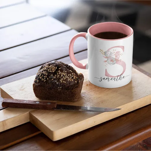 Vista 4 de Taza de café personalizada, regalo para mujeres, taza de café personalizada con nombre e inicial, 11 onzas, rosa, taza de cerámica personalizada