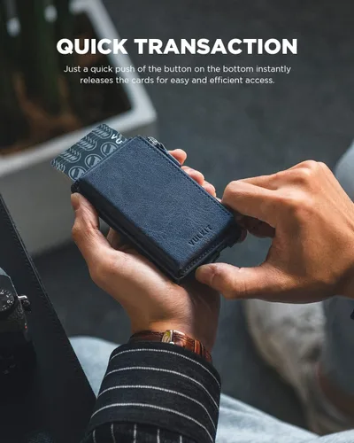 Vista 2 de VULKIT Tarjetero de crédito con bolsillo de cuero con cremallera desplegable con bloqueo RFID, funda de metal delgada, marino