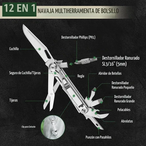 Vista 2 de Mossy Oak - Cuchillo multiherramienta plegable de bolsillo 12 en 1 con funda, cuchillo multiherramienta de acero inoxidable con clip, herramientas