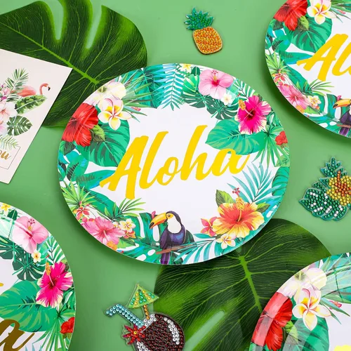 Vista 3 de Whaline Platos de papel, desechables de 9 pulgadas, diseño tropical hawaiano Luau, 40 unidades, fiesta de verano, baby shower, decoraciones