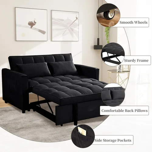 Vista 6 de Sofá cama convertible 3 en 1, sofá biplaza reclinable de dos plazas con respaldo ajustable y bolsillo lateral, sofá lounge de terciopelo con cama