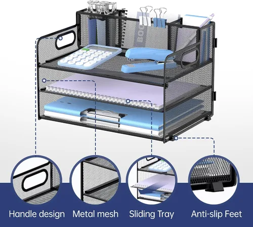 Vista 3 de SUPEASY Organizador de escritorio de 3 niveles con asa y 3 soportes para bolígrafos, organizador de papel/archivos de malla para escritorio