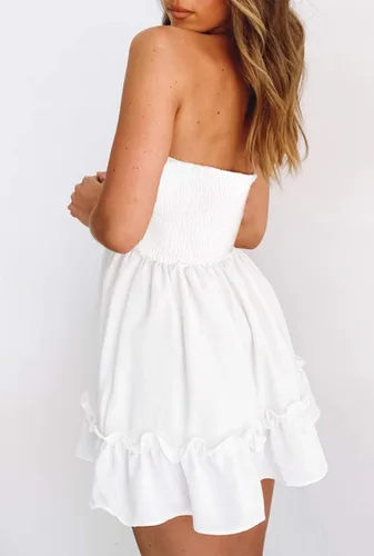Vista 4 de Vestido de verano para mujer, sin tirantes, vestido de playa con volantes