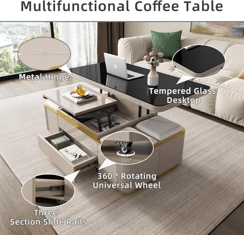 Vista 6 de Guyii Mesa de centro elevable con taburetes de almacenamiento, mesa central 3 en 1, altura ajustable, mesa plegable para sala de estar, ahorro