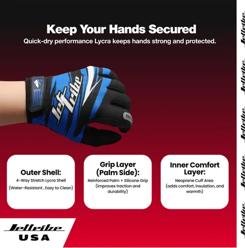 Vista 4 de Jettribe Race Skin PWC - Guantes de recreación Dedo completo fino y transpirable Accesorios de moto acuática para hombres y mujeres jóvenes