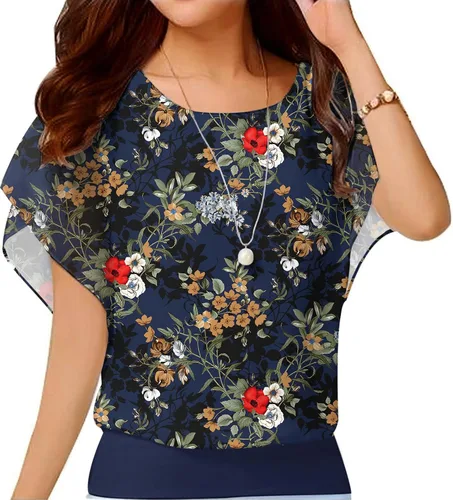 Vista 32 de VIISHOW - Blusa de gasa y de manga corta para mujer, estilo holgado y casual Negro