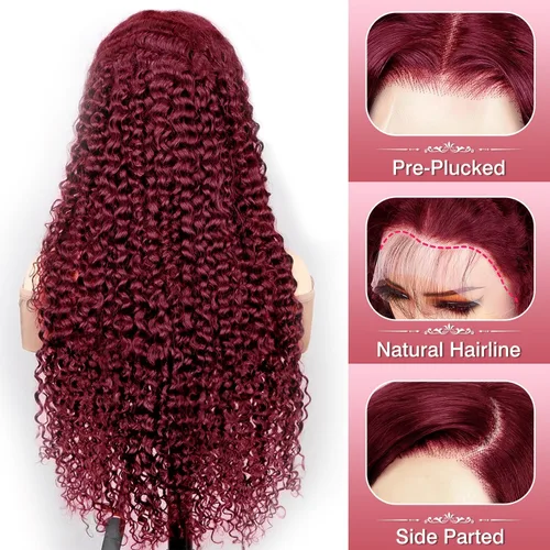 Vista 3 de Nsvnsv Peluca de cabello humano burdeos 99j borgoña de 13 x 6 pulgadas, pelucas de encaje frontal transparente HD de cabello humano prearrancado