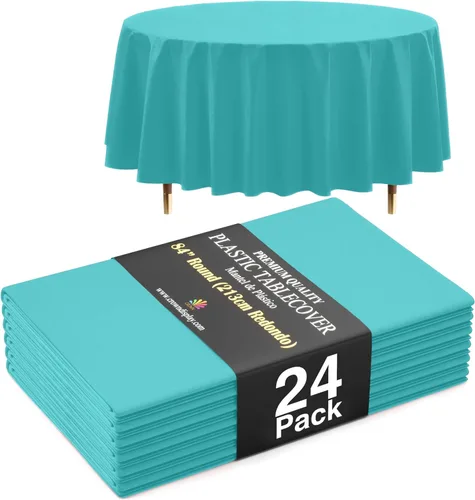 Vista 75 de Exquisite 66% Thicker Premium Aqua Round Tablecloth 0.5 Mil 6 Pack Plastic Table Cloth Disposable 84 Inch Round Plastic Tablecloth Won't Tear Easily