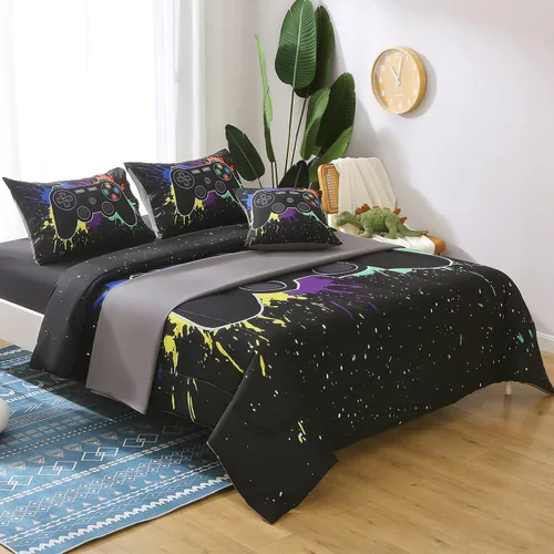 Vista 4 de JQinHome - Juego de edredón Gamer individual para niños y niñas, juego de cama en una bolsa de 6 piezas con diseño de videojuego 3D - Juego de ropa