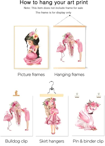 Vista 3 de Lienzo decorativo para pared de niña flamenco, cuadro rosa acuarela princesa floral decoración de animales para baby shower, baño, cuarto de bebé