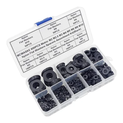 Vista 3 de 600 piezas métricas M2 M2.5 M3 M4 M5 M6 M8 M10 arandelas planas de nailon espaciadores arandelas de plástico kit surtido (negro)