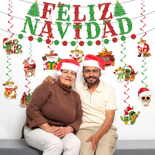 Vista 4 de Decoraciones navideñas mexicanas - Cartel de Feliz Navidad y remolinos colgantes