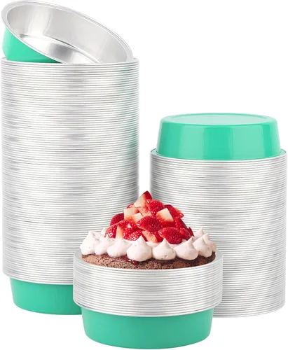 Vista 27 de Beasea Paquete de 100 moldes desechables para hornear de 4 pulgadas, 7.3 onzas, 7.3 fl oz / 215ml, papel de aluminio, mini ramequín sin tapas