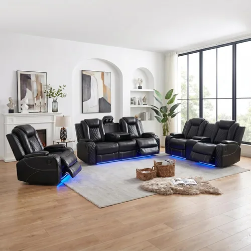 Vista 9 de Sofá Seccional Reclinable Eléctrico de Cuero Blanco Crema, Mueble Sala Cine en Casa con Iluminación LED, Consola Almacenamiento, Portavasos y Carga