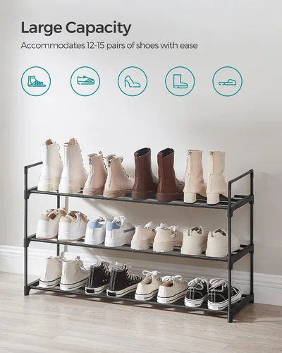 Vista 3 de SONGMICS Zapatero, organizador de almacenamiento de zapatos de 3 niveles, estante de zapatos de metal, 12 a 15 pares de zapatos, torre apilable