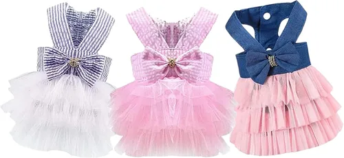 Vista 13 de Vestidos para Perros, Ropa de Mascota a la Moda, Vestidos de Princesa para Cachorros con Rayas y Malla (Azul, XS)