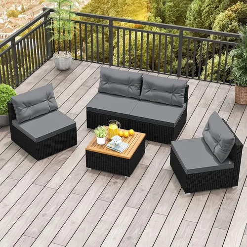 Vista 9 de RELAX4LIFE Muebles de mimbre para exteriores de 5 piezas, juego de conversación seccional de ratán PE con 4 sofás sin brazos y mesa de centro de Gris