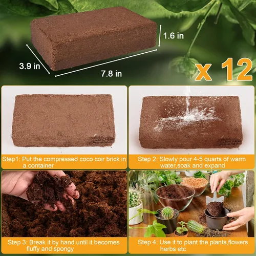 Vista 2 de Coco orgánico Coir 12 piezas de ladrillos de coco comprimido Coco Coir Sustrato de cáscara de fibra de coco, mantillo Núcleo de corteza de coco