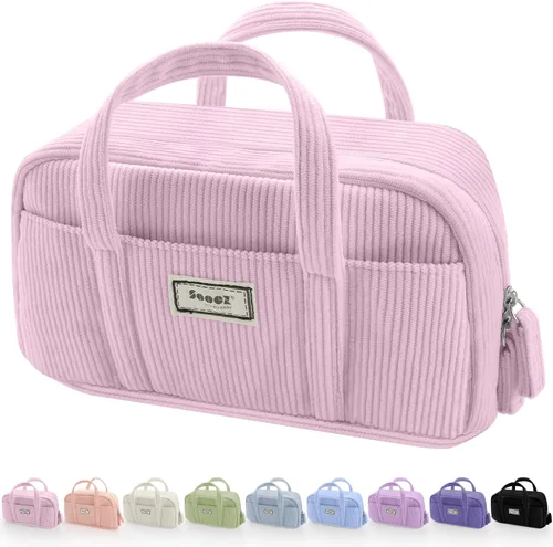 Vista 11 de Sooez Estuche grande para lápices, extra grande con 5 compartimentos, bolsa para bolígrafos de amplia apertura, organizador de pana suave con Beige