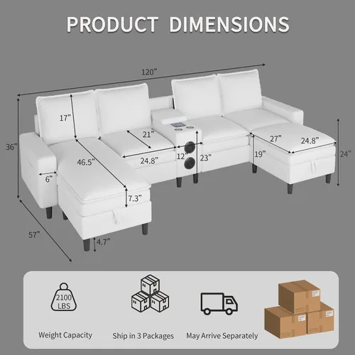 Vista 3 de Sofás seccionales para sala de estar, sofá modular de 4 asientos con módulo inteligente, altavoz Bluetooth, luz RGB, estación de carga, sofá de nube