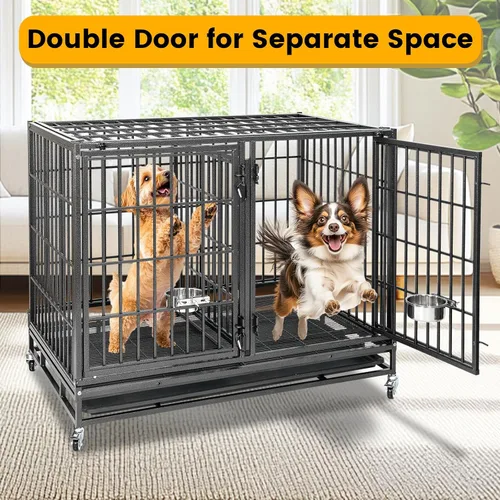 Vista 4 de Jaula resistente de 43 pulgadas para perros con divisor, jaula indestructible a prueba de escapes, jaula grande para perros en interiores, cuencos