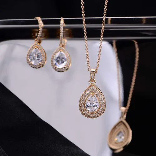 Vista 5 de Juego de joyas de cristal para boda nupcial con colgante de lágrima, collar y aretes colgantes para novia, damas de honor, madre de novia, fiesta