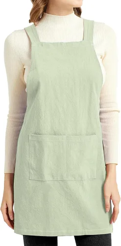 Vista 12 de ELEZAY Delantales para mujer con bolsillos, talla grande, cómodo, espalda cruzada, sin lazo, delantal de lino y algodón Verde